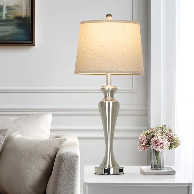 30" Table Lamps Set of 2, 3-Way Dimmable Touch Bedside Lamp with USB A+C Ports and AC Outlet, Tall Living Room Lamps for Side Table, Modern Brushed Nickel Bedroom Lamp for Nightstand, Silver