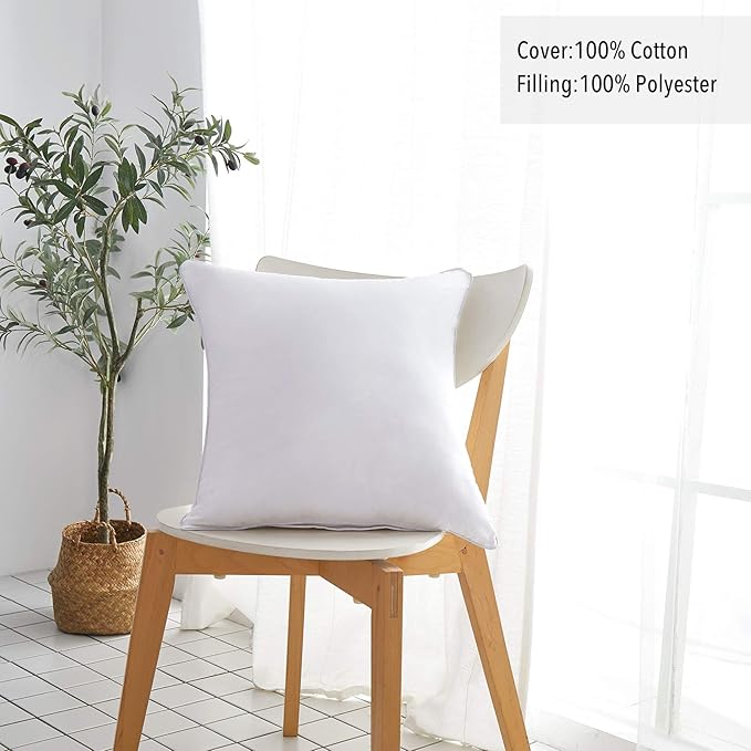 Oubonun 22 x 22 Throw Pillow Inserts (Set of 2) with 100% Cotton Cover - 22 Inch Square Interior Sofa Decorative Pillow Insert Pair - White Couch Pillow