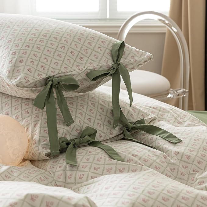 Pink Flower Duvet Cover Queen Green Plaid Grid Duvet Cover 100% Cotton Floral Cottagecore Bedding Set Queen with 2 Bow Ties Pillowcases Vintage Aesthetic Girls Comforter Cover with Zipper Closure