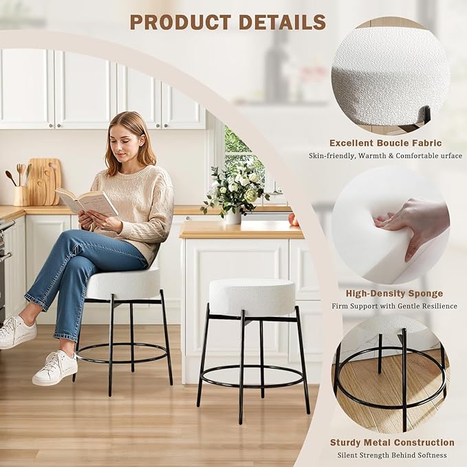 SoarFlash Modern Rotatable Bar Stools Set of 2, 24" Sherpa Swivel Counter Height Stools with Round Soft Padded Boucle Backless Seat, Black