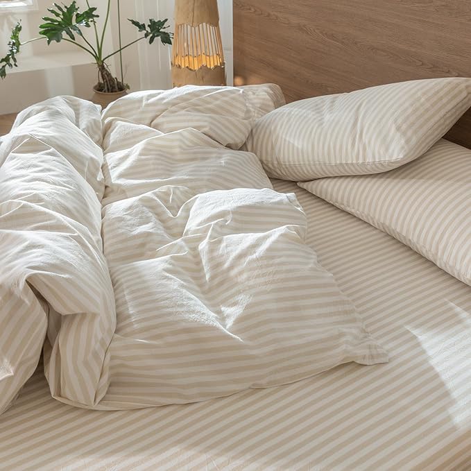 MooMee Striped Duvet Cover Set 100% Washed Cotton Linen Like Textured Breathable Durable Soft Comfy (Almond Milk Grey Classic Stripes, Super Queen 90"x98")