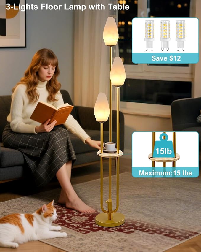 ACOHOOK Gold Floor Lamp with Tray, 3-Lights Dimmable Floor Lamps with Rock-Shaped Shade, Unique Candle Holder Style Modern Tall Standing Lamp for Living Room/Party(Bulbs Included)