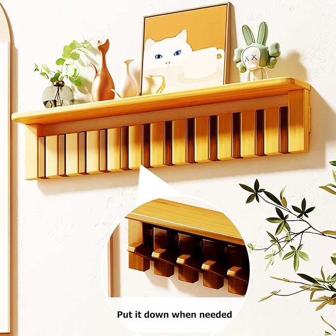 Wall Mounted Piano Key Hanger | Flip Style Hook | Entrance Wall Art Hook, Made of Oak Wood (3 Times Painted, 4 Times Polished) (Tray Walnut-Beech, 6Hooks)