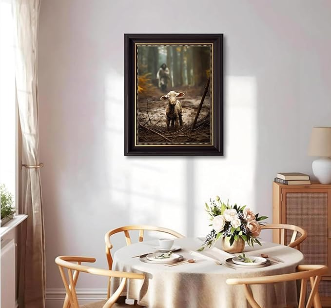 Framed Jesus and Lamb Wall Art Jesus Running After Lost Sheep Picture Wall Decor Christianity Lambs of God Home Decoration Inspirational Christian Poster Prints for Office Bedroom Livingroom 12x16in