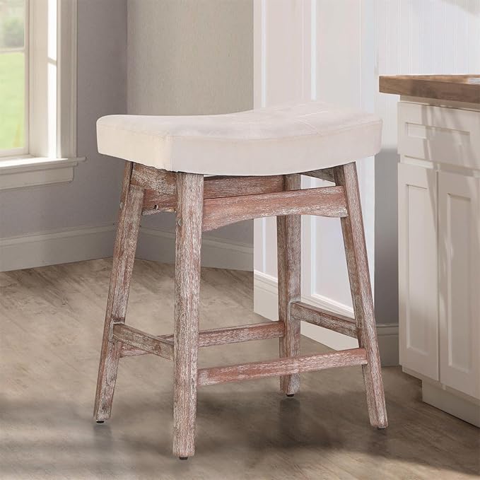 Sophia & William Counter Height Bar Stools, 24" Counter Stools with Solid Wood Legs, Comfy Linen Fabric Upholstered Counter Height Stools,Creamy White,1PC