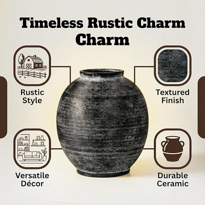 Large Black Ceramic Vase, 10.8 inch Round Minimalist Textured Floor Vase, Rustic Farmhouse Decor for Home, Living Room, Shelf, Table, Bathroom & Entryway Decoration (Black Bronze)