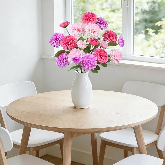 6Pcs Fake Artificial Pompon Mums Flowers Indoor with Long Stems Ball Chrysanthemum Faux Silk Flowers for Vase Floral Arrangement for Spring Home Decor Centerpieces for Table Kitchen Decoration