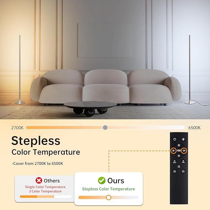Marlrin Minimalist Corner Floor Lamp 2700K-6500K Dimmable with Remote Control 57.8" Height Metal Slim Ambient Standing LED Light Modern Design Decorative Lamp for Living Room Bedroom (Silver)