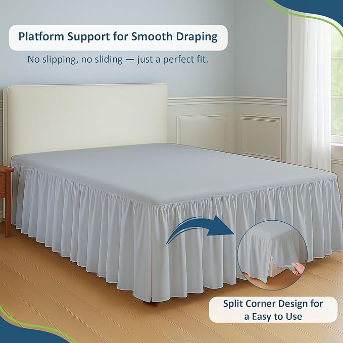 Rajlinen Ruffled Bed Skirt Full, 15 Inch Drop Dust Ruffle with Split Corners, 100% Microfiber Bedskirt with Platform, Three-Sided Coverage Ruffled Gathering Design, Light Grey