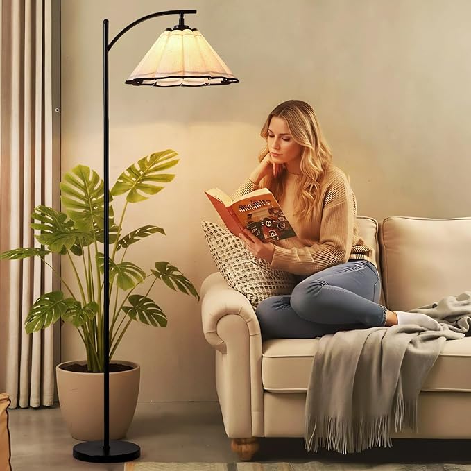 Omlaamy Floor Lamp with Pleated Linen Lampshade, Modern Flower Floor Lamp for Living Room Arc Standing Lamp, Gold Tall Lamp for Bedroom Office Dining Room, Bulb Included (Black + Black, 66.14IN)
