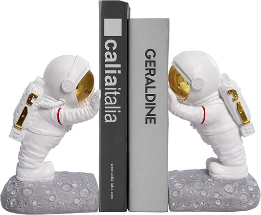 Decorative Space Theme Bookends - Astronaut Resin Bookends with Anti-Slip Base - Sturdy, Fun & Unique Book Holders for Heavy Books (Gold)