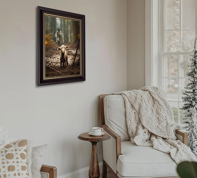 Framed Jesus and Lamb Wall Art Jesus Running After Lost Sheep Picture Wall Decor Christianity Lambs of God Home Decoration Inspirational Christian Poster Prints for Office Bedroom Livingroom 12x16in