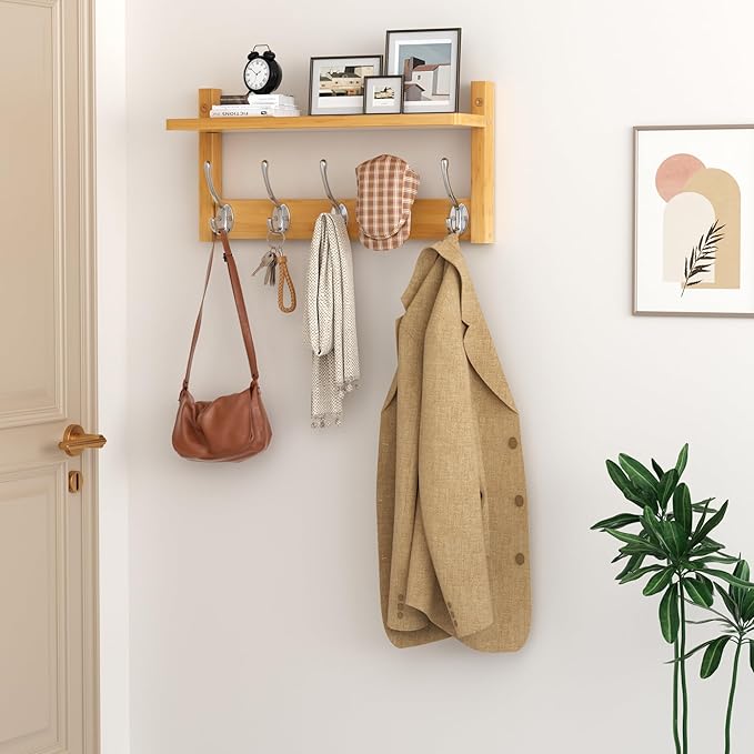VASMIA Coat Rack Wall Mount with Shelf,Bamboo Wall Shelf with Hooks,Coat Hangers for Entryway,Bathroom, Living Room, Bedroom, Natural