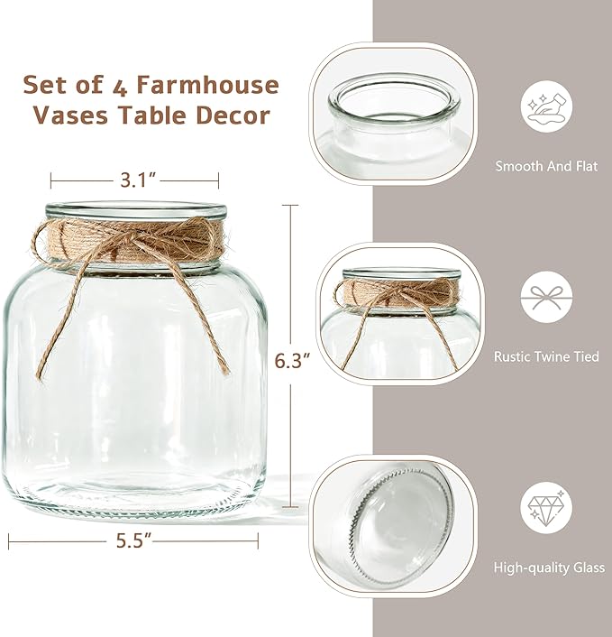 Houmury Glass Vases for Centerpieces Set of 4 Farmhouse 6 Inch Clear Large Vase Utensils Holder with Twine Ties Home Decor for Wedding Living Room Dining Table Office (4)