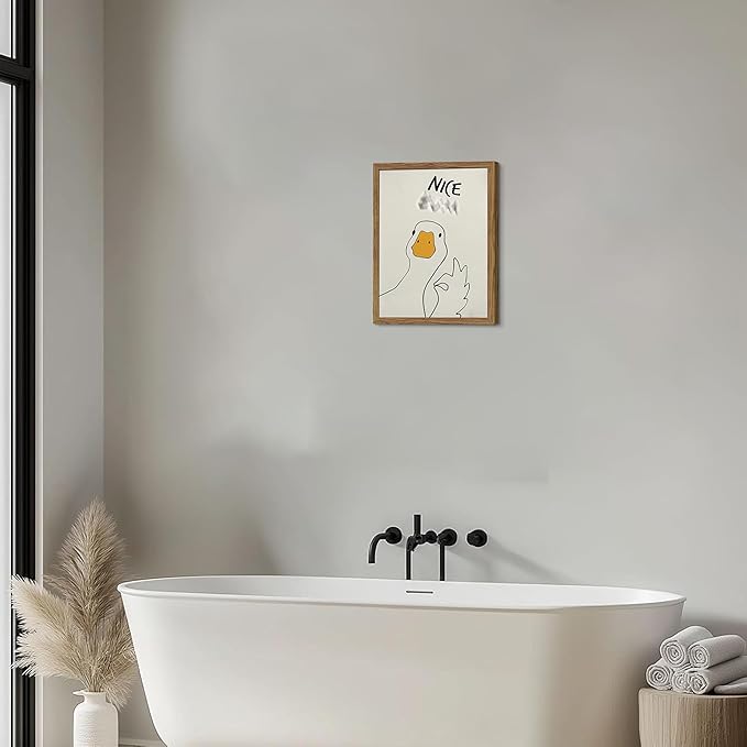 Framed Funny Duck Bathroom Wall Art, Humorous Canvas Wall Decor Painting, Minimalist Farmhouse Cute Goose Animal Print Posters Pictures for Bathroom Restroom 16x24 Inch