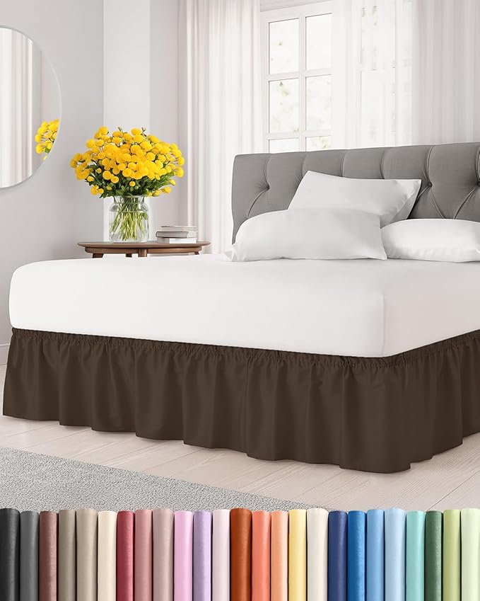 Wrap Around Dust Ruffle Bed Skirt - Brown - for King Size Beds with 24 Inch Drop - Easy Fit Elastic Strap - Adjustable Pleated Bedskirt w/Brushed Fabric - Wrinkle Free - for Women, Men, Kids & Teens