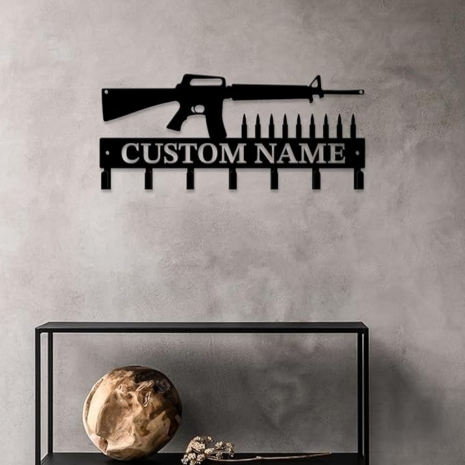 Personalized Custom Name Gun Wall Hooks,Metal Gun Room Art Clothes Hooks,Metal Gun Wall Home Storage Decorative,For Front Door, Hallway, Kitchen, Bedroom,Keys,Hats (Style H)