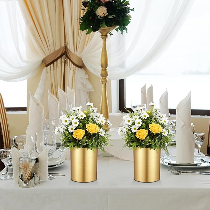 6 Pcs Small Gold Vases for Centerpieces Tall Metal Flower Trumpet Vase Vintage Compote Planter Plant Pots for Wedding Party Table Centerpiece Decorations (5.1 Inch,Cylinder)