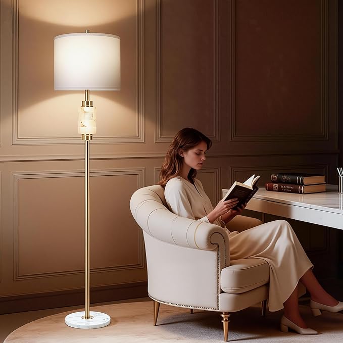 KIVDITZO Floor Lamps for Living Room with Night Light, Alabaster Standing Lamp with Linen Shade, Rotary Switch, Marble Tall Lamp, Gold Floor Lamps for Bedroom Living Room Office (Bulb Included)