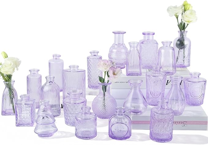 RUCKAE Purple Flower Vase in Bulk 22 Glass Bud Vases Vintage Small Vases for Centerpiece Table Wedding Decorations Home Decor Party (Purple 22 Pack)