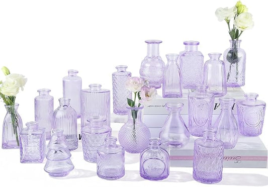 RUCKAE Purple Flower Vase in Bulk 22 Glass Bud Vases Vintage Small Vases for Centerpiece Table Wedding Decorations Home Decor Party (Purple 22 Pack)