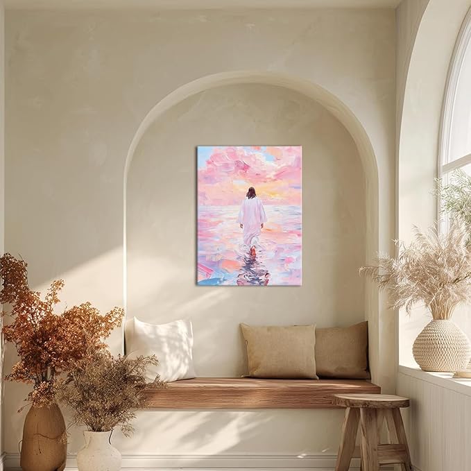 Pink Jesus Walking On Water Wall Art Religious Christian Oil Painting Canvas Wall Decor Religious Savior Poster Aesthetic Pictures for Living Prayer Room Church Bedroom 16x24 in Framed