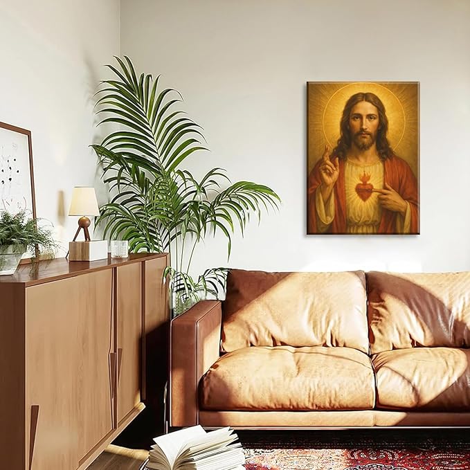 Sacred Heart of Jesus Canvas Wall Art Divine Mercy Wall Decor Jesus Portrait Painting Christian Religious Artwork Catholic Poster Prints for Bedroom Living Room Prayer Room Church 16x24in