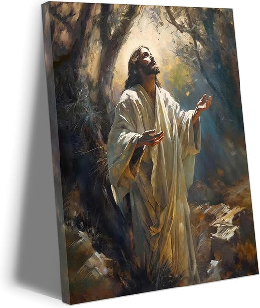 Aglcatie Jesus Canvas Wall Art Christian Wall Decor Pictures Painting Jesus Praying in the Garden of Gethsemane Printed Poster for Living Room Bedroom Church Decoration Framed 12x16 in