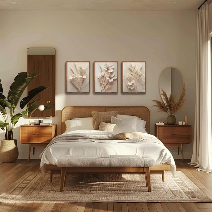 Neutral Beige Floral Canvas Wall Art Set of 3, Modern Minimalist Texture Botanical Wall Decor, Vintage Flower Poster Prints for Living Room Bedroom Farmhouse Ready Home Decor 12x16in Wood Framed