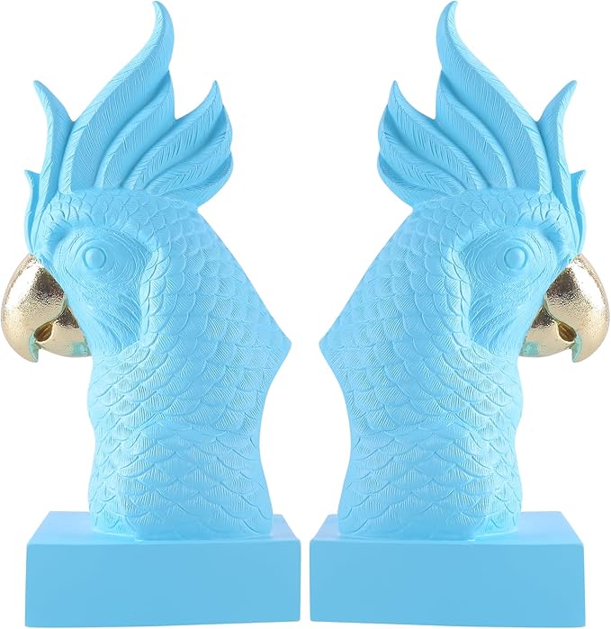 Blue Parrot Decorative Bookends,Set of 2 Cute Bird Animal Sculpture Book Ends to Hold Hevay Duty Books,Unique Resin Statues Book Stopper for Home Office Desk Bookshelf Decor