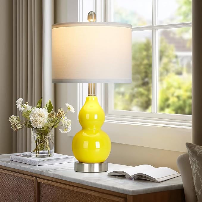 Double Gourd Ceramic Table Lamps Set of 2, Yellow Modern Bedside Lamps for Living Room, Contemporary Nightstand Desk Lamps for Bedroom End Table Home Office Decor(2 LED Bulbs Included)