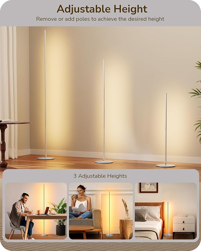 EDISHINE Modern Floor Lamp, 2-Pack Adjustable Height Led Corner Lamps, Dimmable with 7 Color Temperatures (2700K-6000K), 57.5" Height Floor Lamps for Living Room, Bedroom, Office, Silver