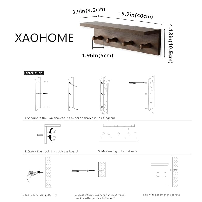 Entrance Coat Rack ，Coat Hooks, Wall-Mounted Wooden Hook Rack, Wall-Mounted Shelves are Very Suitable (Teak Colored Finish)