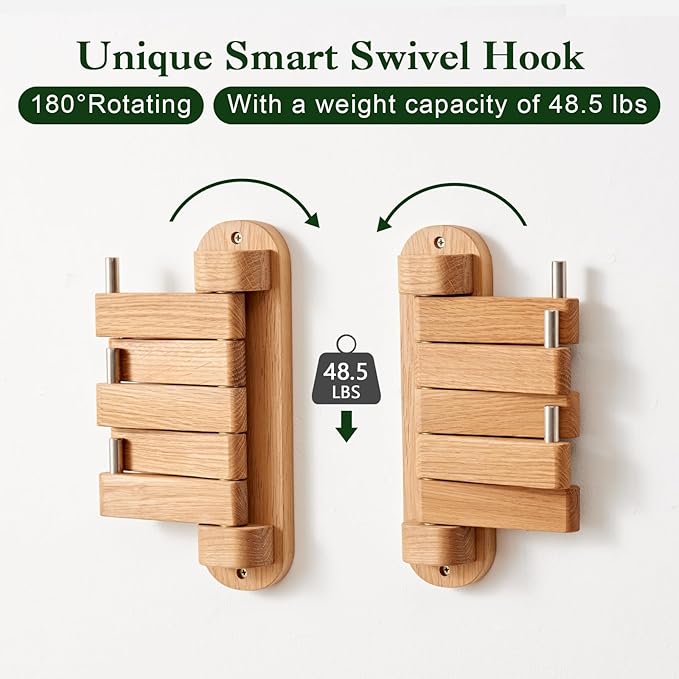 Swivel Coat Rack for Wall, Oak Wood Coat Hooks Wall Hooks with 5 Swivel Foldable Arms, Entryway Shelf for Bedroom, Entryway, Living Room, Bathroom,Office, Classroom, Heavy Duty (Natural)