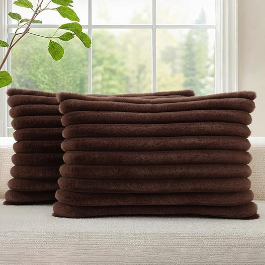 decorUhome Faux Fur Throw Pillow Covers 12x20 Set of 2, Decorative Soft Plush Striped Lumbar Neutral Couch Euro Pillow Covers with Velvet Back for Sofa, Bed, Living Room Home Decor, Dark Brown