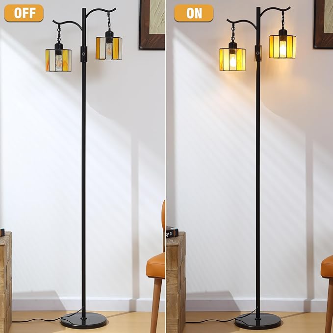 Asmymhd Vintage Dimmable Floor Lamp, Tiffany Standing Lamp with 2 Stained Glass Shades, Rustic Farmhouse Floor Lamp with Black Finish for Living Room Bedroom