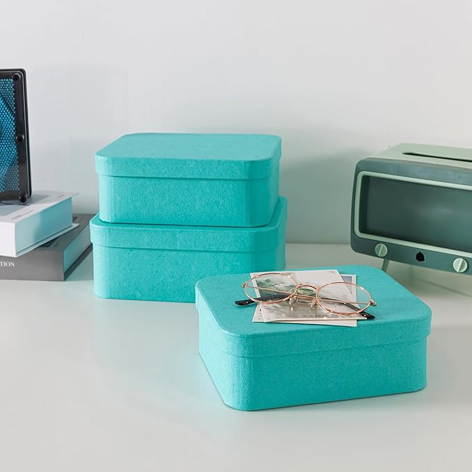 Soul & Lane Set of 3 Textured Blue Boxes with Rounded Edges - Nesting Decorative Cardboard Boxes with Lids for Gifts and Keepsakes, Large Paperboard Storage for Organizing
