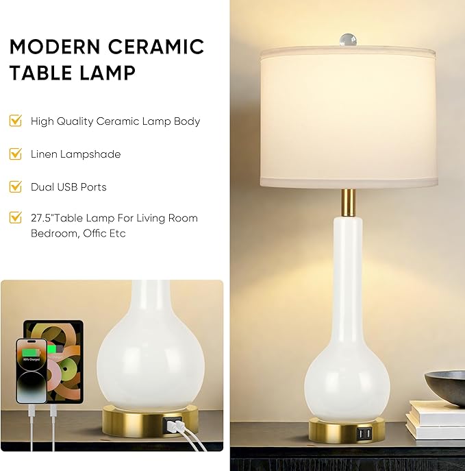 ROTTOGOON 27.5'' Tall Ceramic Table Lamp Set of 2 for Living Room, 3 Color Temperatures Bedroom Lamps with 2 USB Ports, Modern White Bedside Lamps for Night Stands (Bulbs Included)