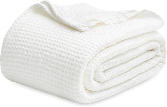 Bedsure Gentlesoft 100% Cotton Blanket King Size for Bed - Breathable and Soft for Spring Summer, Thick Cozy Waffle Weave Blanket Gifts for Women, White, 104x90 inches