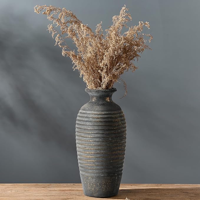 Emotionally Grounded Vase, Vaseking Large Ceramic Rustic Vase, 14.4 inch Minimalist Threaded Decorative Farmhouse Tall Vases for Home Decor, Living Room, Enterway, Table Decoration, Bronze