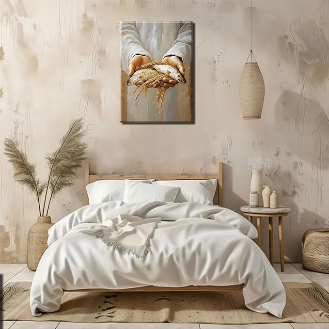 Frame Jesus Feeds the 5000 Canvas Wall Art Christian Five Loaves and Two Bible Scripture Wall Decor Pictures 5 Bread and 2 Fish Posters Prints for Dining Living Room Kitchen Wall Bedroom Decoration16X24in