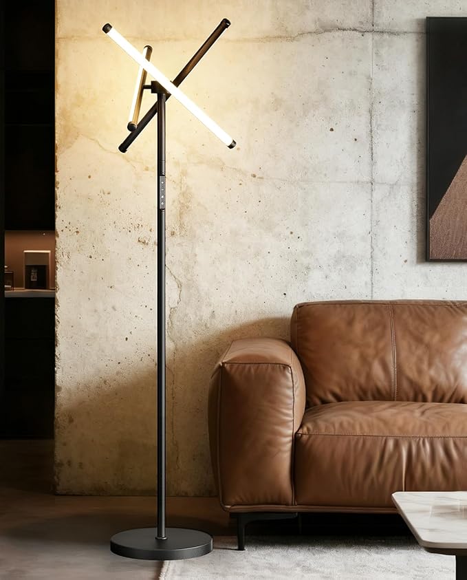 Modern LED Dimmable Floor Lamp, Black Tall Standing Lamp for Living Room Bedroom with 3 Rotatable Lamp Bars, 70'' Bright Stepless Dimmable LED Tree Floor Light with Remote Control