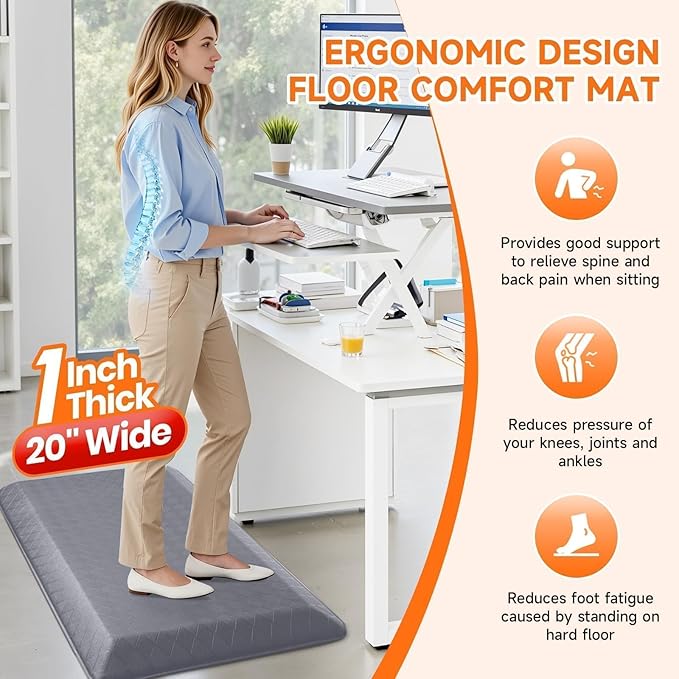 StepRite 1” Thick Kitchen Mats for Floor, Anti Fatigue Kitchen Rugs, Non-Slip,Heavy Duty Waterproof Kitchen Rug, Standing Desk Mat, Gifts for Friends, Family, Home, Kitchen, Office (39" x 20", Grey)