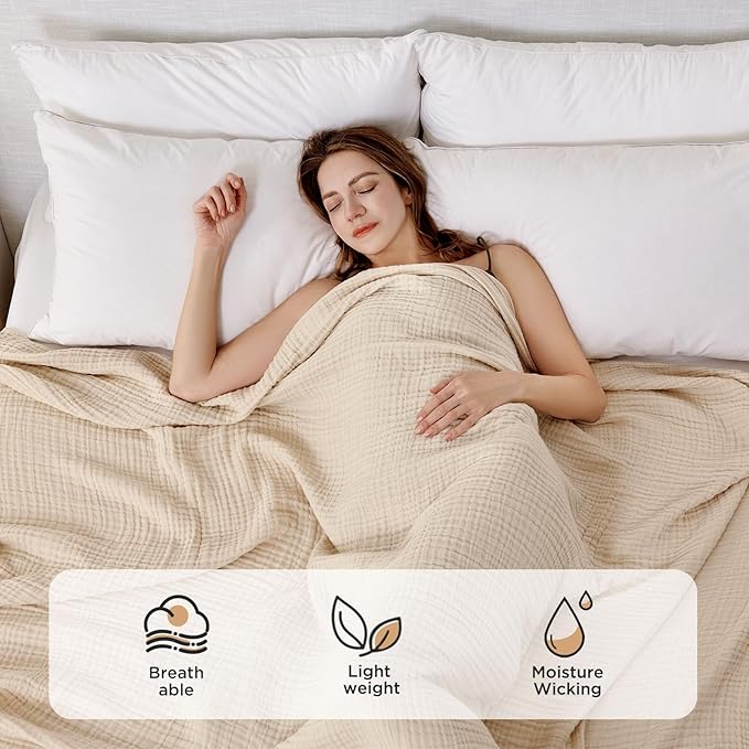 Joydeco 100% Cotton Muslin Throw Blanket for Couch Bed and Sofa, 4-Layer Lightweight and Breathable Soft Gauze Blanket for All Season, Luxury Throws Cotton Blanket Gift(Light Tan, 90"x90")