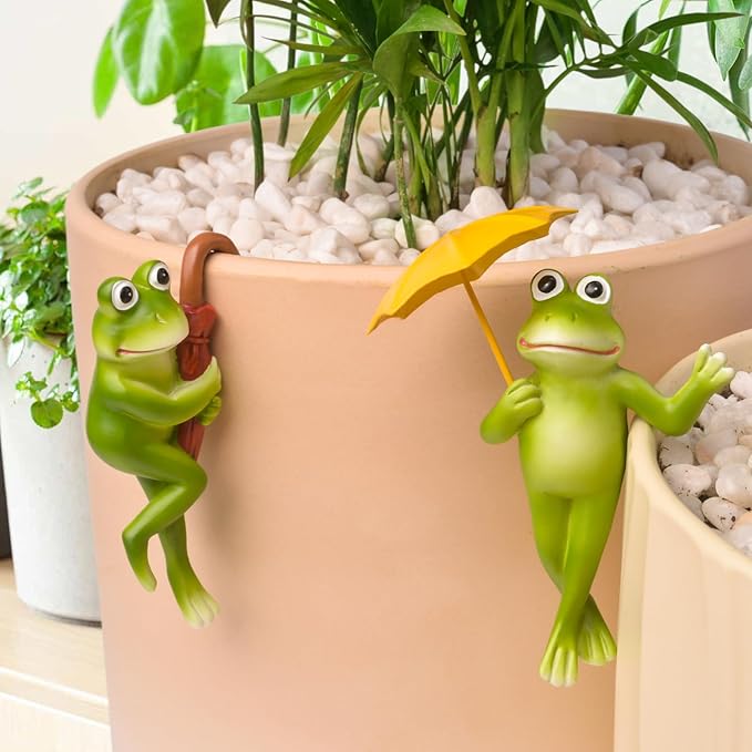 Miniature Frog Figurines Plant Decorations for Pots, 2Pcs Frog Statue Planter Hugger for Flower Yard Lawn Ornament