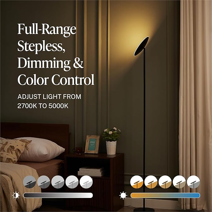 Slothology Skylight LED Floor Lamp, 3200LM, 71" Modern Torchiere in Golden Brass, Stepless Dimming, Remote & Touch Control, Bright Light for Living Room or Bedroom, Weighted Base