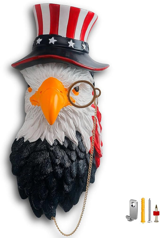 Juedawyal Patriotic Bald Eagle Wall Decor with Uncle Sam Hat & Monocle, Americana Wall-Mounted Resin Eagle Animal Head Sculpture for Home Office Living Room Entryway