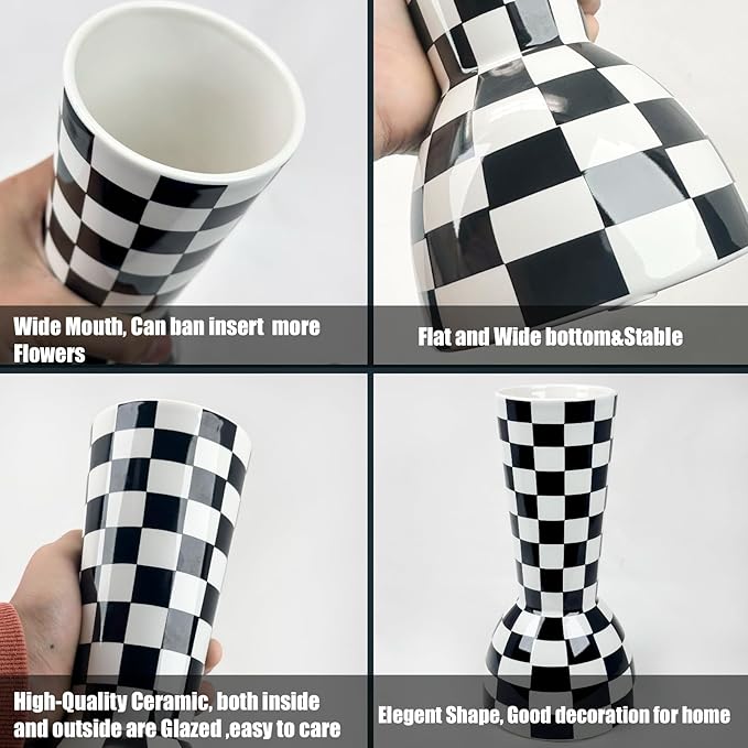 Black and White Checkered Vase, Aesthetic Modern Ins Cool Flower Vases for Home Decor, Entryway Table, Centerpieces Decoration, Kitchen, Living/Dining Room, Bedroom, Bathroom, Coffee Tables (Ceramic)