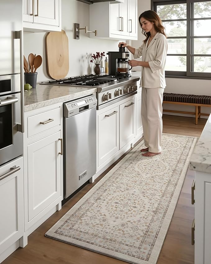DEXI Kitchen Floor Mats Cushioned Anti Fatigue, 23x86 Long Wide Standing Comfort Runner Rug, Waterproof Retro Floral Memory Foam Padded for Front Sink Laundry, Beige/Ivory