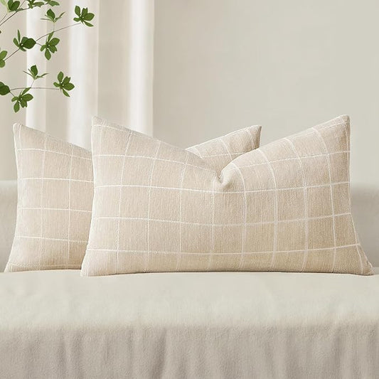 MIULEE Decorative Chenille Check Lumbar Throw Pillow Covers Vintage Plaid Couch Pillows 12x20 Inch Set of 2 Neutral Boho Farmhouse Cushion Covers Modern Spring Decor for Sofa Bed Living Room Beige